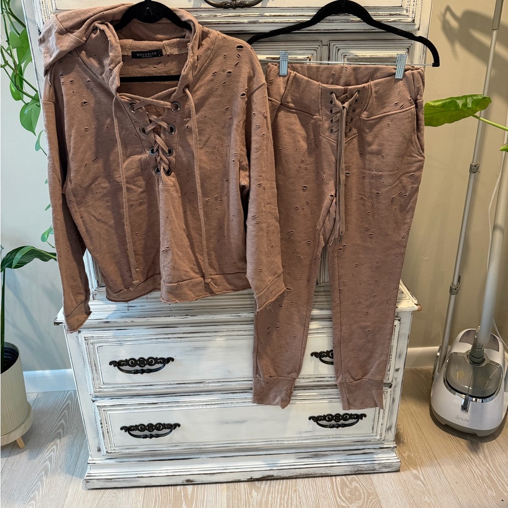 Lace-Up Distressed Track Joggers & Hoodie Set - Mauve